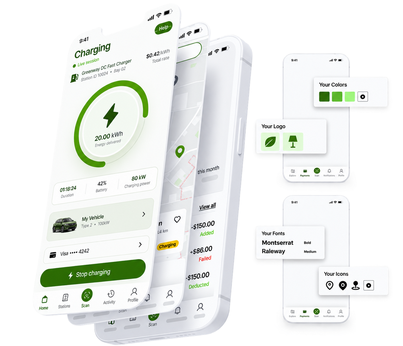 White-label EV charging application customized with a company's colors, logo, fonts, and icons